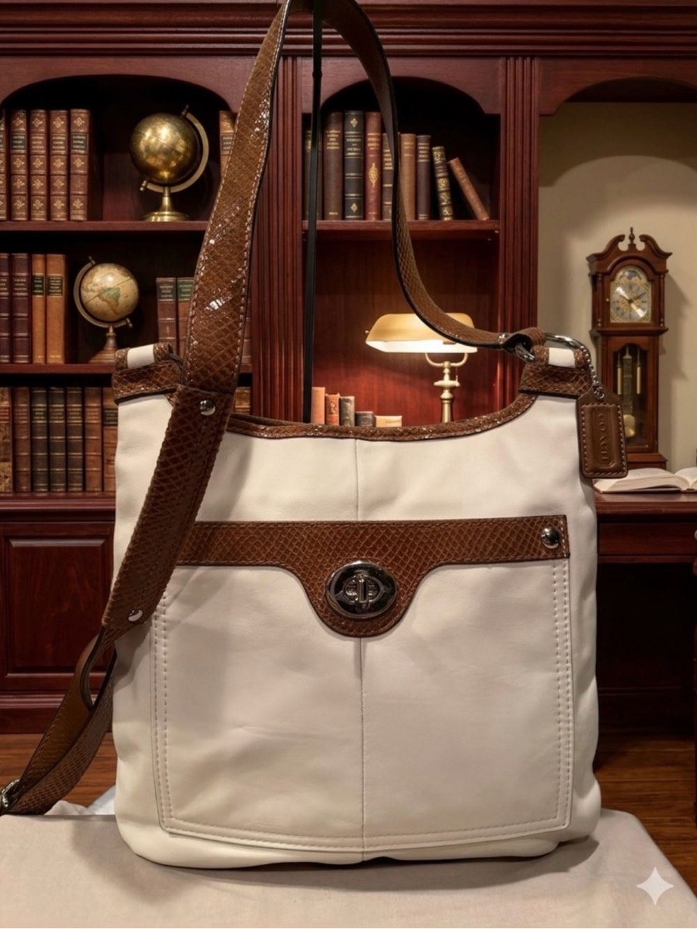 Coach White Leather Crossbody with Brown Trim